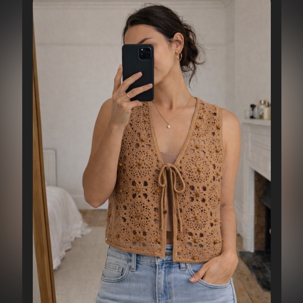 Zara Tan Crochet Knit Beaded Tie Vest